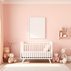 Blank Frame Mockup in a Playful Room Design Pastel Wall Decor with Plush Toys Whimsical Children's Decor Portrait Format Crib-Side Poster Presentation Ideal for Interior Decor Photography Art Display