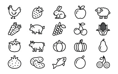 Farm and Food Icon Set: Agriculture, Animals, Fruits, Vegetables & More for Healthy Eating & Sustainable Living
