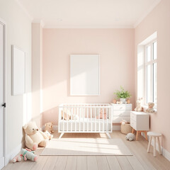 Blank Canvas Mockup in Cozy Cute Childrens Room Chic Decor with Pastel Walls and Plush Toys Whimsical Nursery Design Framed Artwork Display Portrait Orientation 3D Render Perfect for Selling

