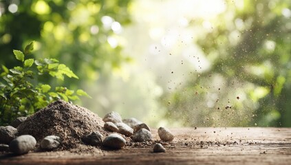 Rustic wooden table with soil, rocks, and falling dust. Blurry green foliage in background