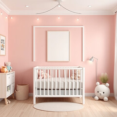 blank canvas mockup in a whimsical children's room featuring pastel colors and plush toys portrait design optimal for showcasing art and poster frames ideal for creative presentations and marketing