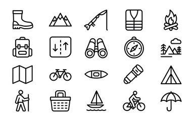 Fototapeta premium Outdoor Recreation Icon Set: Camping, Hiking, Fishing, Cycling & More for Adventure & Nature Activities