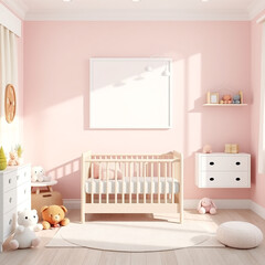 Blank canvas mockup in a beautiful girl room with pastel walls showcasing whimsical children's theme featuring plush toys in portrait orientation perfect for nursery decor and wall art display elegant