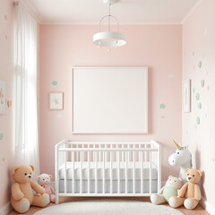 blank picture frame mockup in stylish child’s room pastel wall design with plush toys whimsical decor for kids 3d rendered nursery art display portrait orientation creative photography template