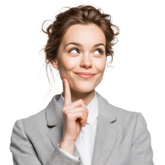 Woman in a business suit considers a concept with a thoughtful expression indoors during a bright day