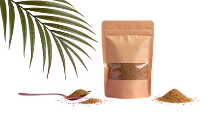 Natural product in kraft pouch with palm leaf and spoon on pink background