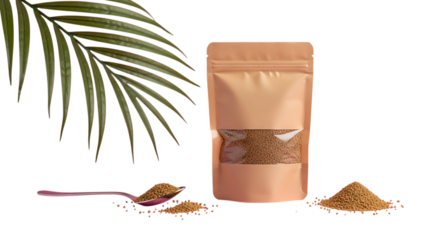 Natural product in kraft pouch with palm leaf and spoon on pink background