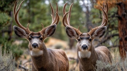 Mule Deer Antlers. Majestic Fauna: Two Bucks with Velvet Antlers in Mountain Wilderness