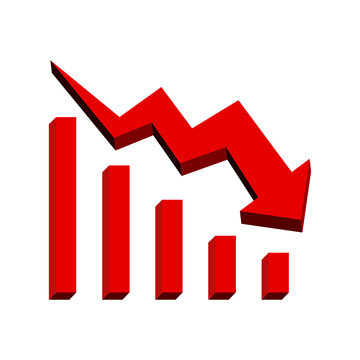 3d red arrow going downward, declining graph, Economic recession from high inflation, stock market crash, crisis or depression, investment risk or price drop causing money loss concept.