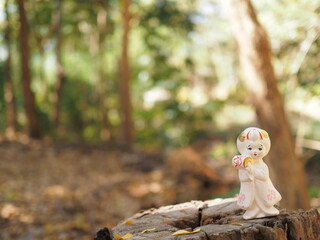 ( Hi-resolution and Hi-sharpness from Hi-efficiency camera and lens )  Plaster Doll  with blurred background autumn forest for background and wall paper.
