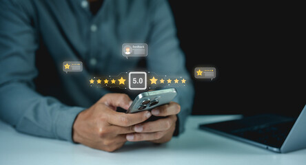 A person holding a smartphone with floating 5-star rating icons, symbolizing online reviews and...