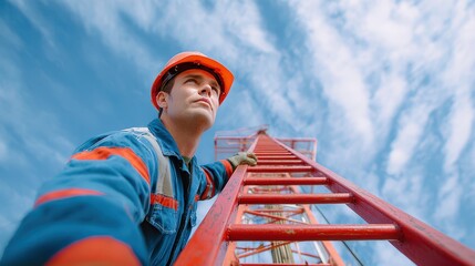 A worker in safety gear ascends a tall ladder against a blue sky, showcasing determination and focus in a construction or maintenance environment.