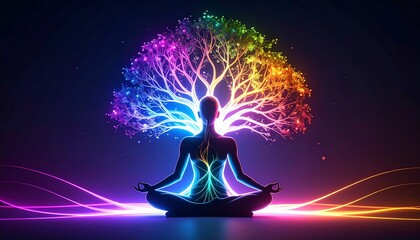 A meditating figure with a vibrant, spectral tree