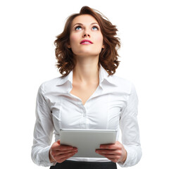 Young woman looking up while holding a tablet in a bright, well-lit setting focusing on technology and engagement