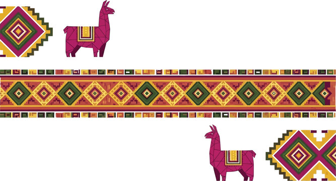 Llama banner set with peruvian pattern design and geometric elements for decoration