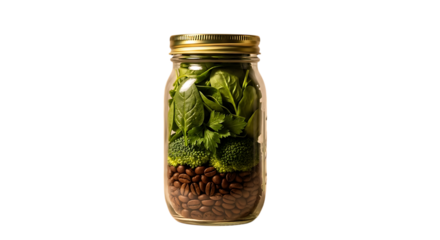 Fresh green spinach and coffee beans layered in a glass jar