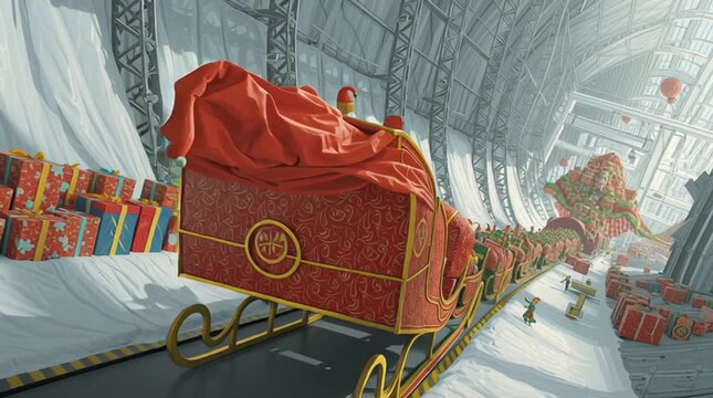 Busy scene in Santa's workshop with a long line of elves forming a chain to pass brightly wrapped presents.

