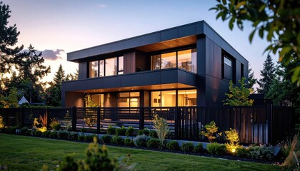 Modern Black House: Twilight Elegance with Warm Interior Lighting