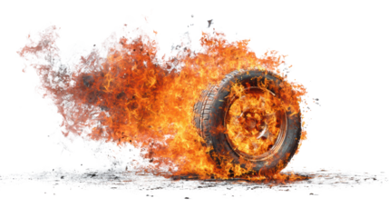 A tire engulfed in flames, creating a striking visual on a white isolated background.