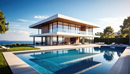 Fototapeta premium Modern Coastal Villa: Sunlit Architecture, Infinity Pool, Tranquil Vista