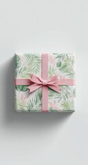 Gift wrap with pastel pink ribbon and tropical leaves