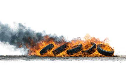 Burning tires create smoke and flames, highlighting environmental concerns and social unrest.