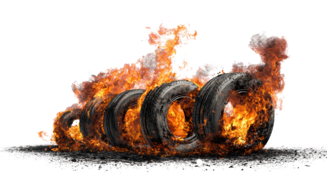 Burning tires create a dramatic scene, showcasing environmental concerns and unrest.