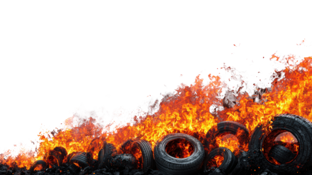 Burning tires create a dramatic scene of fire and smoke against a black background, highlighting environmental concerns.