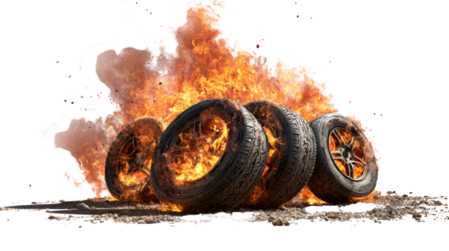 Burning tires creating a fiery spectacle, symbolizing protest and environmental concerns.