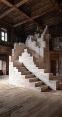 Wooden staircase, white blocks, rustic interior