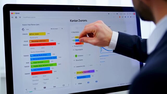 Managing project tasks using a digital kanban board on a computer display screen