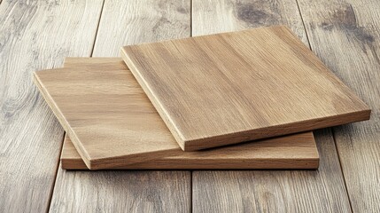 Fototapeta premium Three light brown square wooden planks stacked on a wood surface, showing wood grain and texture