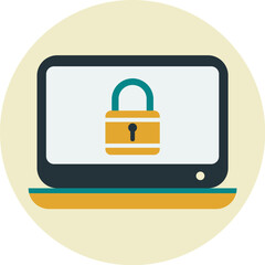 Laptop with a secure padlock on the screen. Flat design icon representing computer security, data protection, and online privacy.