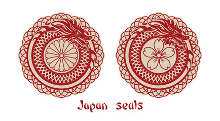 Vector set of vintage Japanese red seals. Ring dragon with coat of arms of Japan and sakura flower. Collection of icons, stickers and badges. Fantasy mythical folklore nippon ancient animal