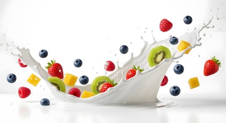 Yogurt Splash with Berries and Fruit on White Background