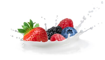 Yogurt Splash with Berries and Fruit on White Background