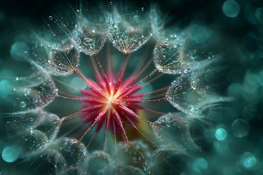 Dreamy dandelion seeds glistening with dew drops on a magical teal backdrop create feelings of peace and tranquility, nature's beauty