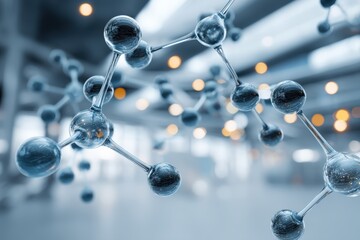 Transparent molecular structure with interconnected atoms, set against a blurred, modern laboratory background