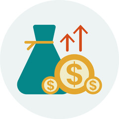 Illustration of a money bag with coins and upward-pointing arrows, symbolizing financial growth.