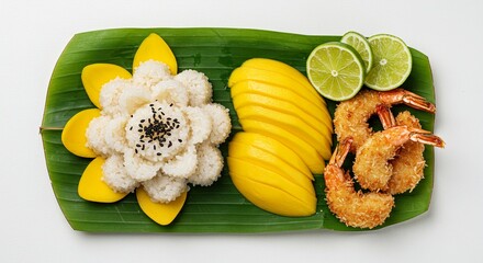 Bento with fried shrimp and mango flower