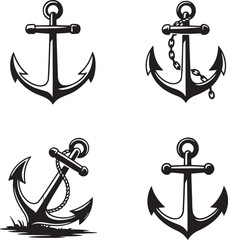 Set of Vintage Anchor silhouette vector illustration isolated On Transparent Background