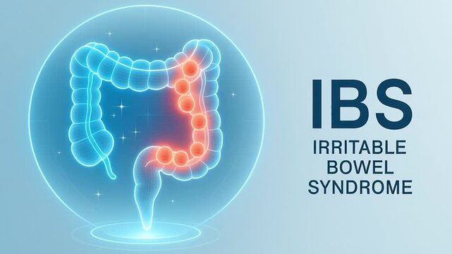 Irritable bowel syndrome medical healthcare hologram highlights colon inflammation with glowing red spots showing pain and discomfort in digestive system abdominal pain and inflammation