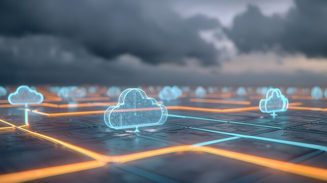 Digital clouds hover above a glowing circuit grid, symbolizing cloud computing technology and data connectivity in a futuristic environment