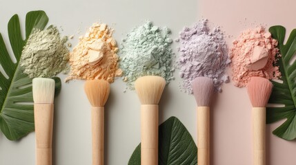 Colorful Makeup Brushes with Pastel Powder on Tropical Leaves Background