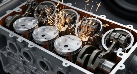 Engine Block with Pistons and Crankshaft Sparks During Maintenance