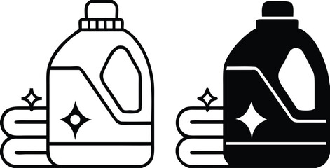 Detergent Icons. Black and White Vector Illustrations. Washing Powder and Towels. Plastic Container for Household Chemicals. Grocery Concept
