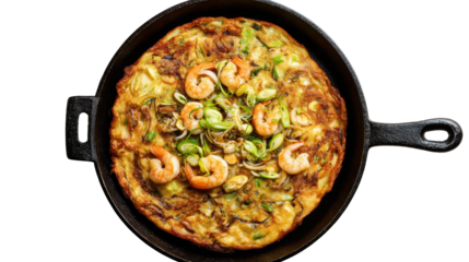 Delicious shrimp and vegetable omelette in a cast iron skillet, perfect for breakfast or brunch.