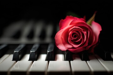 Piano Rose. Scarlet Rose and Keyboard Synthesizer on Black Background