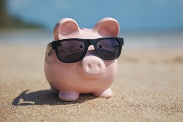 Piggy Bank Hat. Save Money for Retirement Fund on the Beach with Stylish Sunglasses