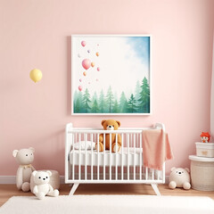 blank frame mockup in children's room whimsical pastel decor with plush toys vibrant playful atmosphere ideal for nursery wall art display home decor inspiration modern portrait layout 3d rendering
